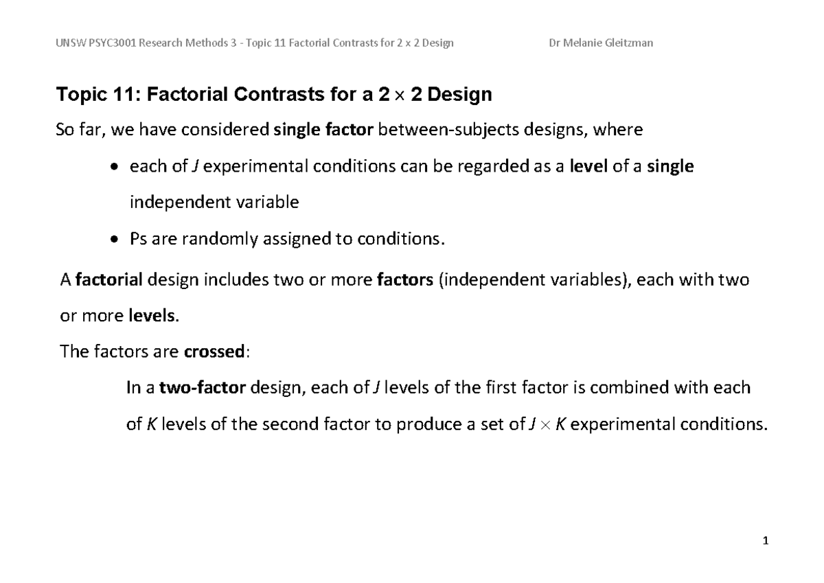 UNSW PSYC3001 Research Methods 3 Topic 11: Factorial Contrasts in 2x2 ...