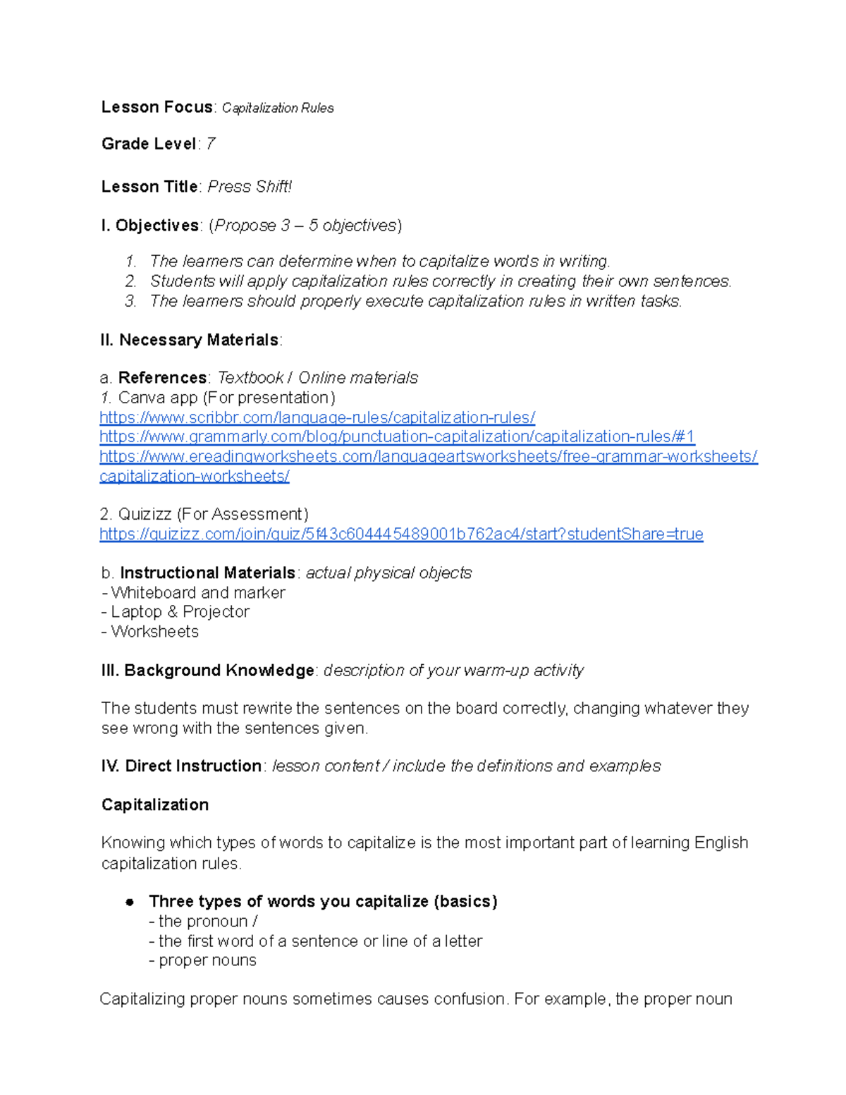 BSED-ENGLISH 2 - Lesson Plan on Capitalization Rules for Grade 7 - Studocu