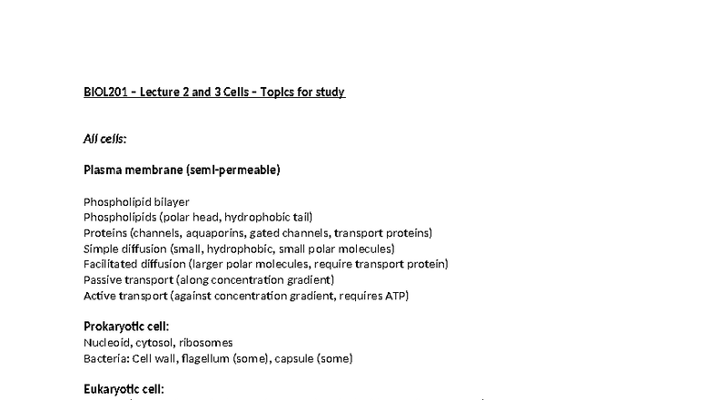 BIOL201 – Lecture 2 & 3: Cell Structure & Function Notes - Studocu