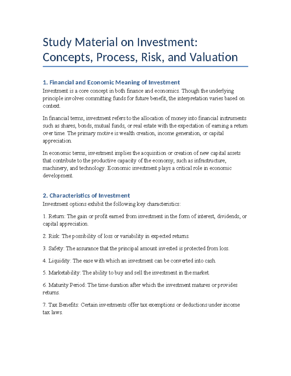 Investment Study Material: Concepts, Process, Risk & Valuation - Studocu