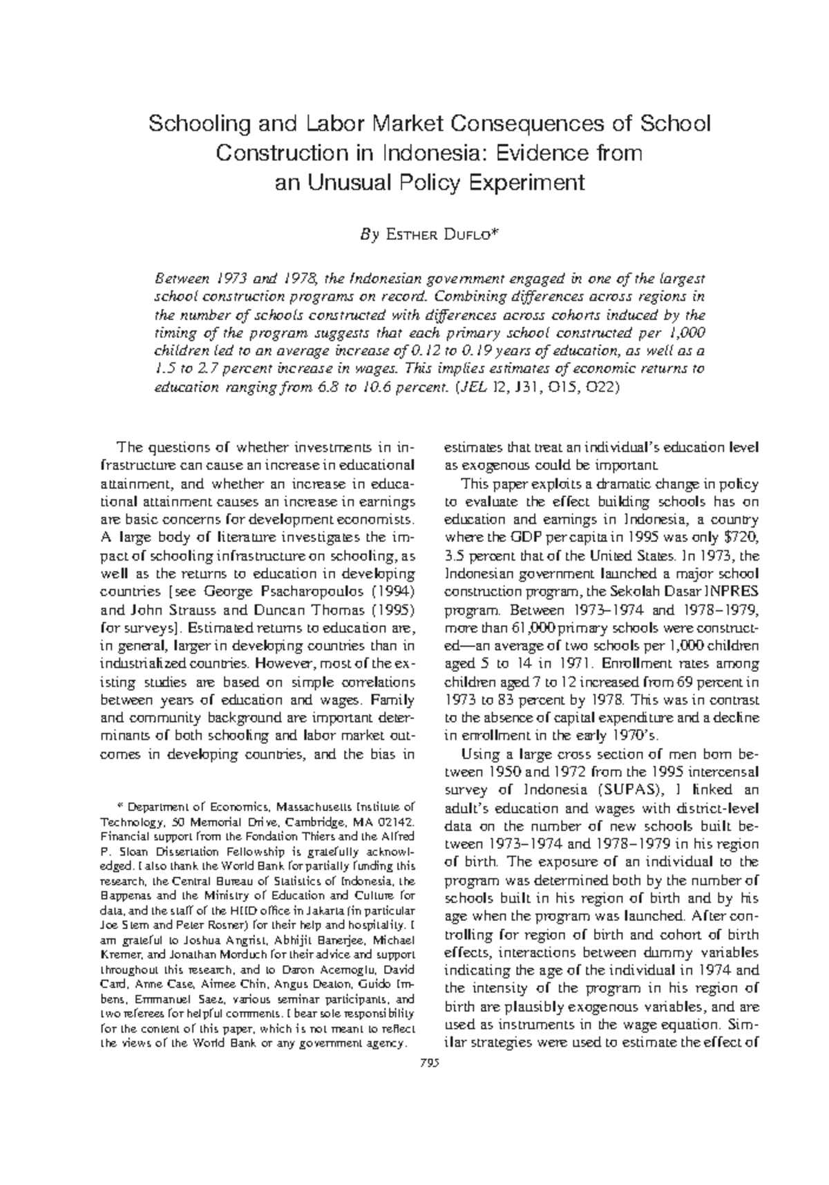 Schooling and Labor Market Outcomes from Indonesia's INPRES Program ...
