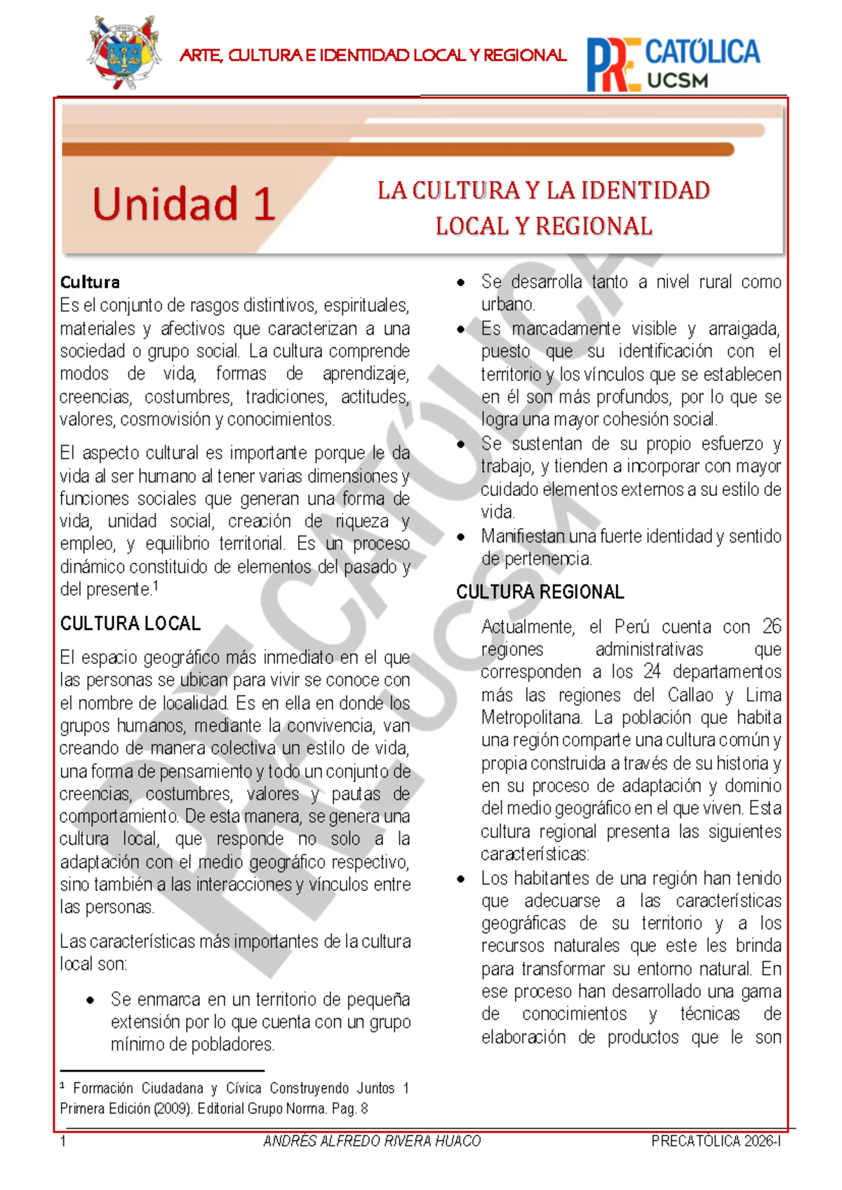Unidad 1: Cultura e Identidad Local y Regional - ARTE 2026 I - Studocu