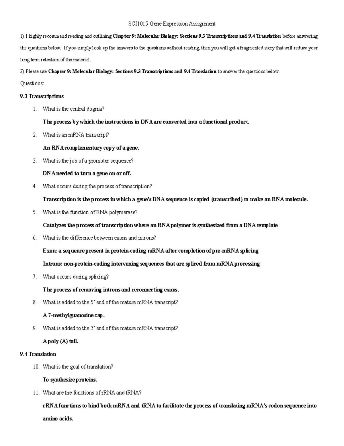 SCI1015 Gene Expression Assignment: Transcription & Translation Guide ...