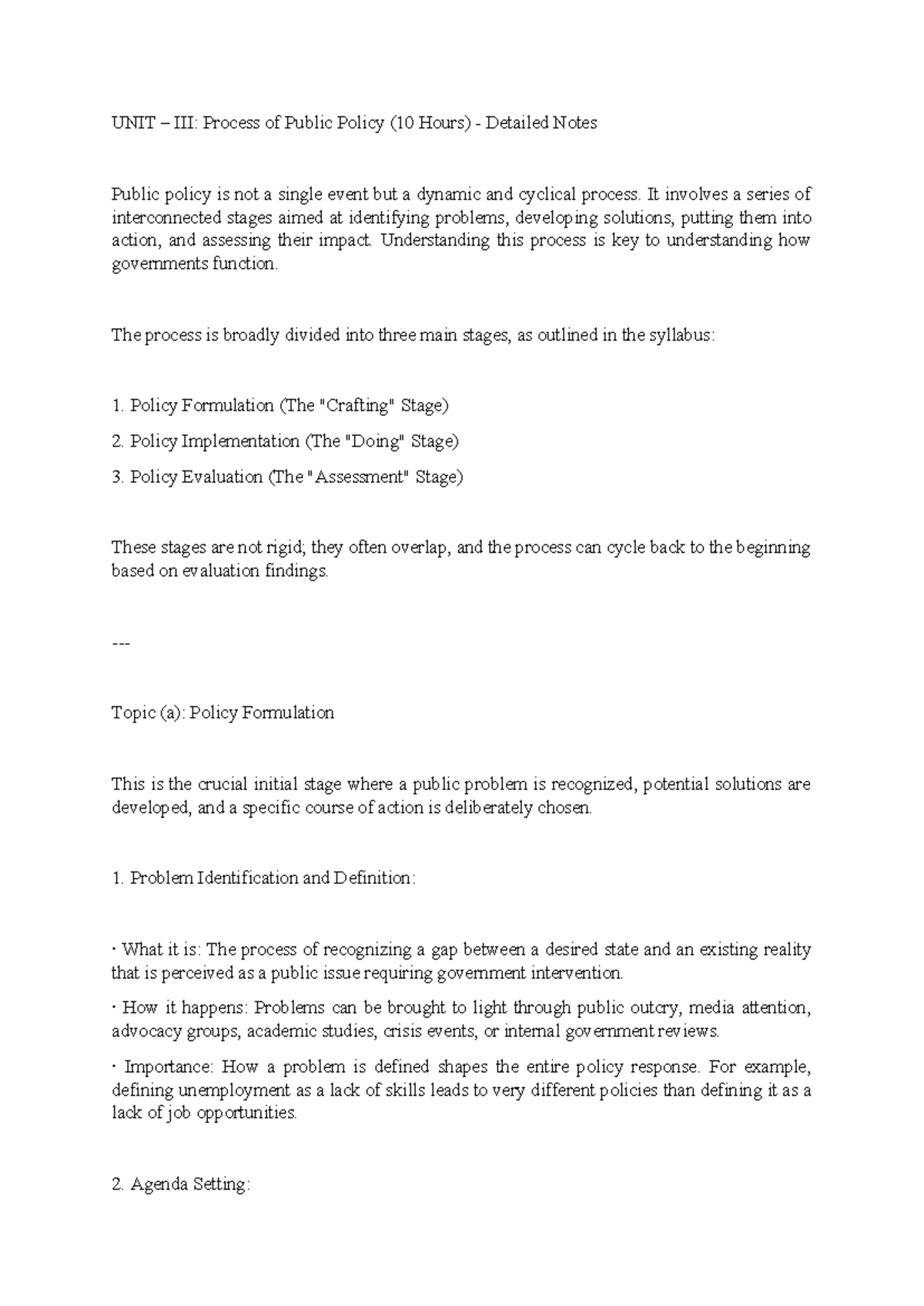 Unit 3: Detailed Notes on the Public Policy Process (10 Hours) - Studocu