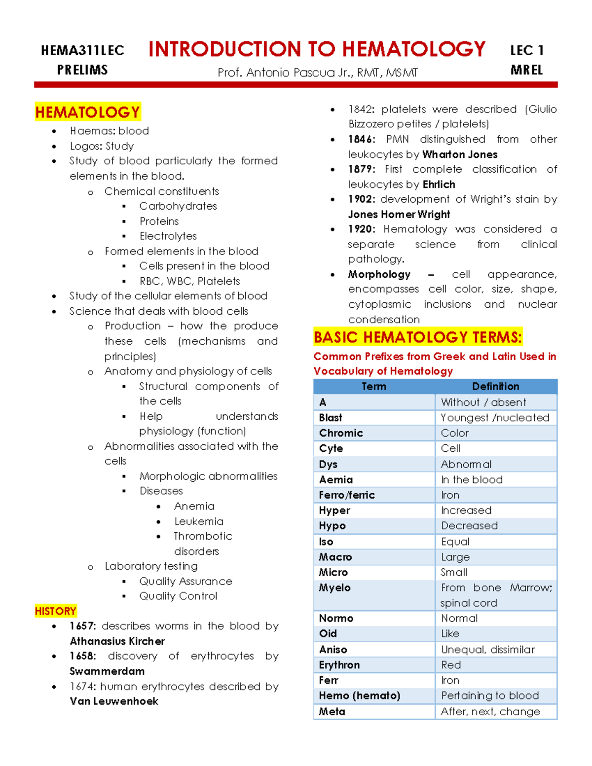 **HEMA311LEC: Prelims on Introduction to Hematology Overview** - Studocu