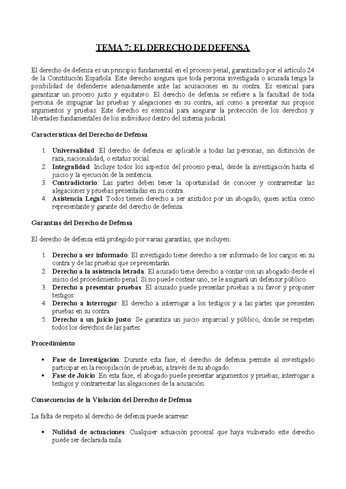 TEMA 7: EL DERECHO DE DEFENSA EN EL PROCESO PENAL - Studocu