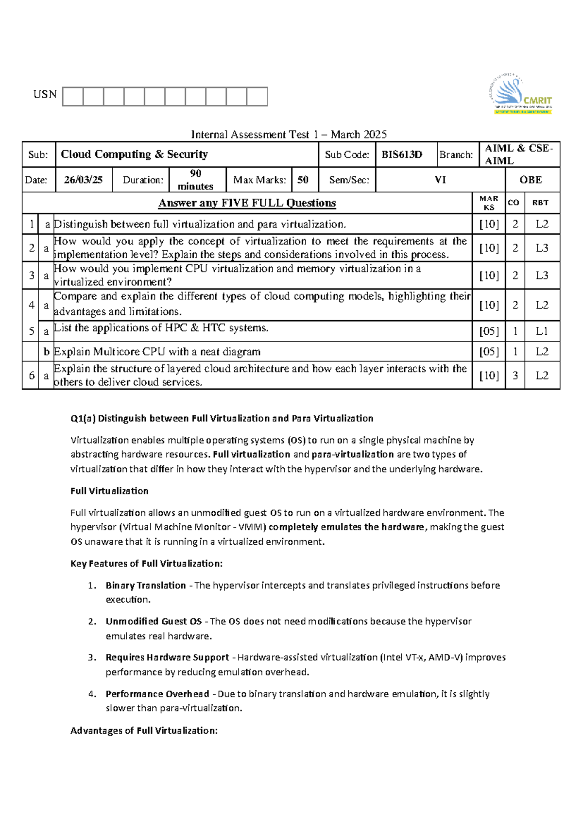 IAT-I Question Paper with Solutions for BIS613D Cloud Computing ...