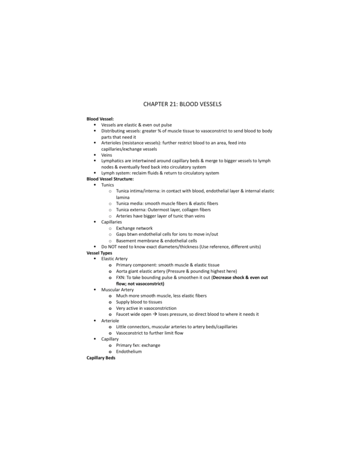 Chapter 21 Anatomy Notes: Blood Vessels Structure and Function - Studocu