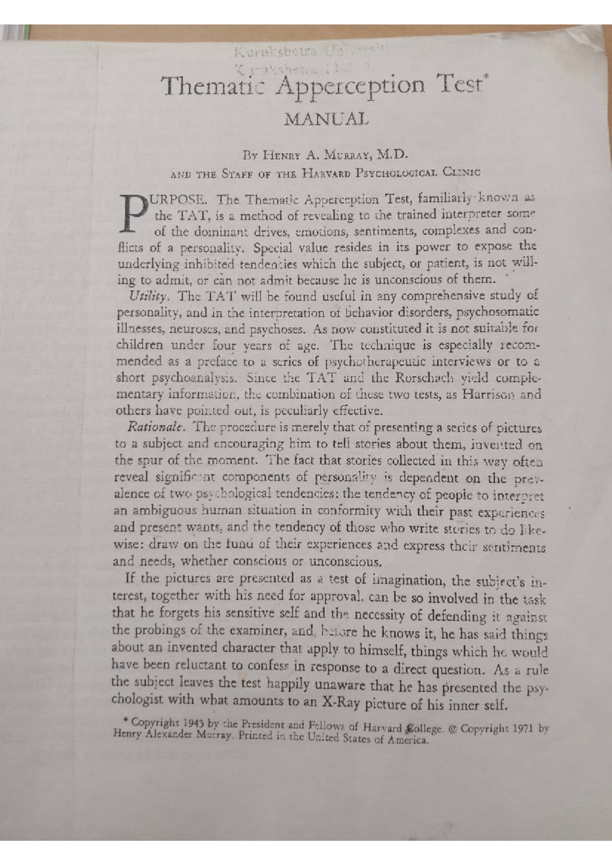 TAT Manual: Thematic Apperception Test Overview and Guidelines - Studocu