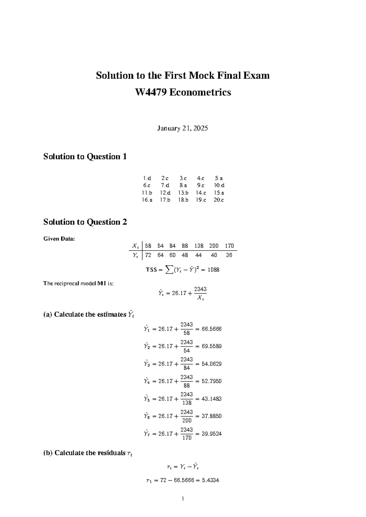Solution to Mock Final Exam W4479 in Econometrics - January 2025 - Studocu