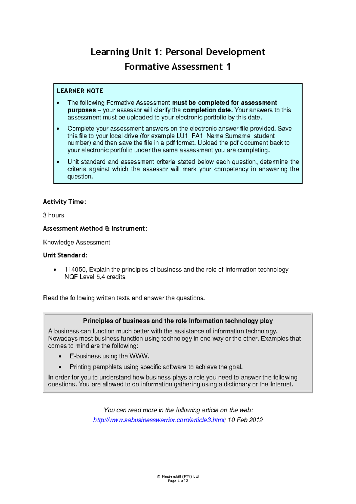 LU1 Personal Development Formative Assessment 1 (FA1) Documentation ...