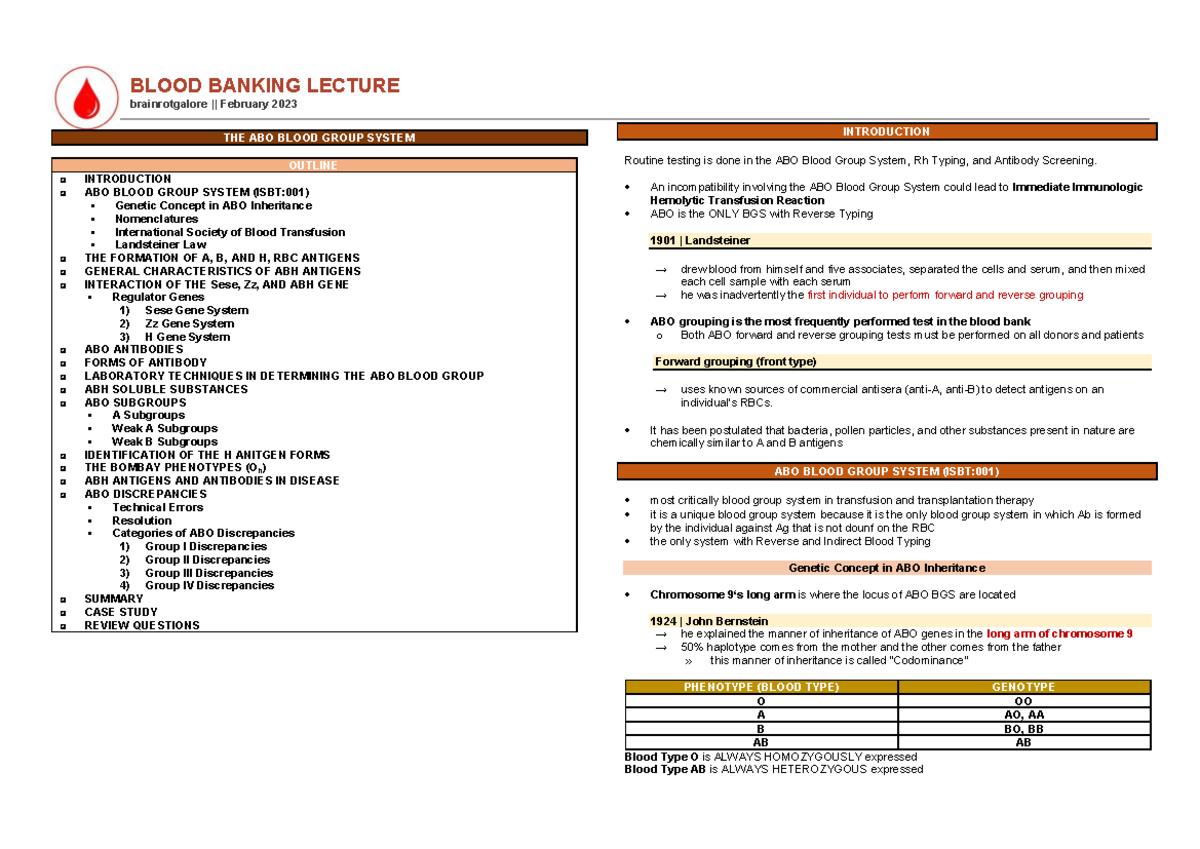 ABO Blood Group System Overview (ISBT:001) - Lecture Notes - Studocu
