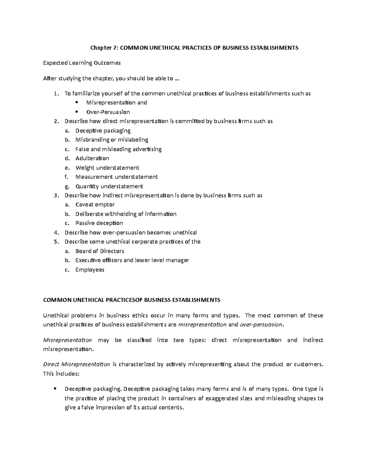Governance - Chapter 7: Key Unethical Practices in Business Ethics ...