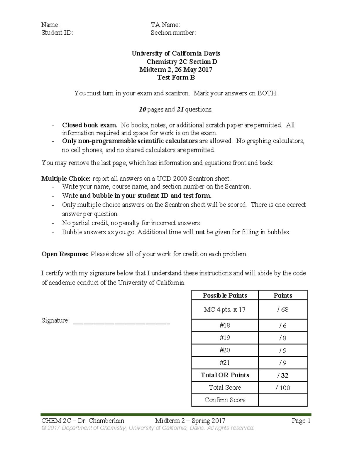 CHEM 2C Midterm 2 Practice Test Form B - Spring 2017 - Studocu