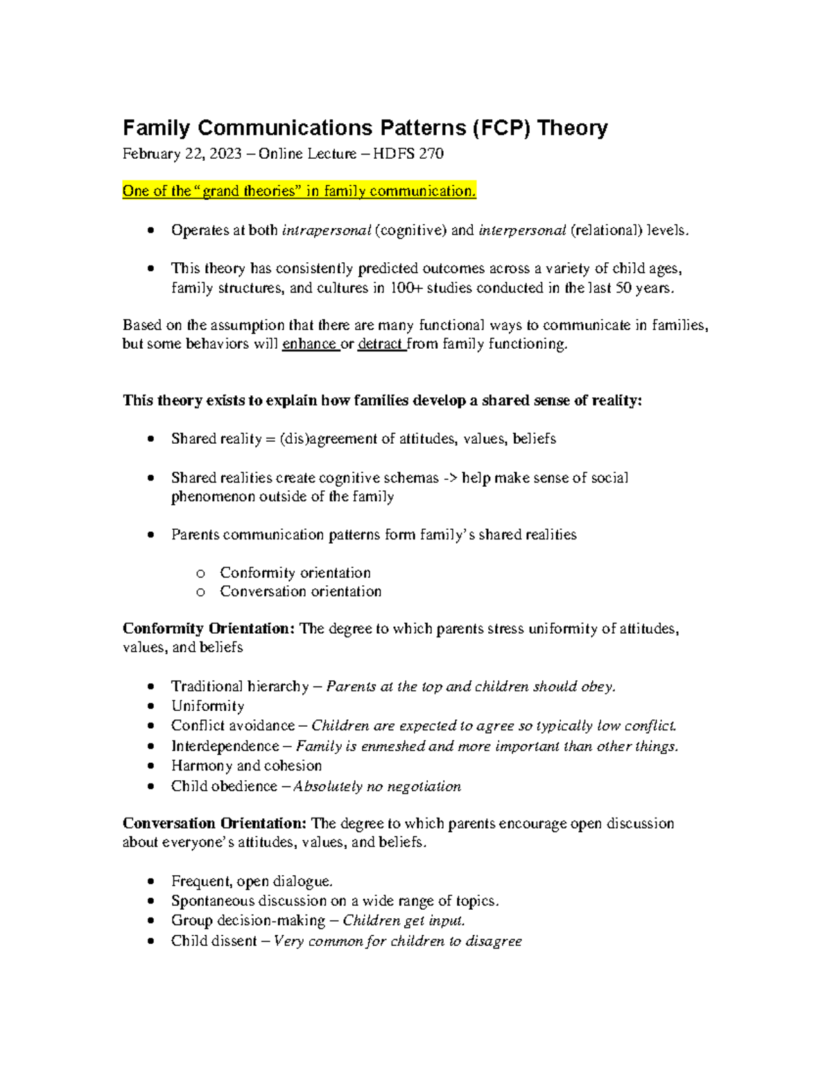 HDFS 270 Lecture Notes: Family Communication Patterns Theory - Feb 2023 ...