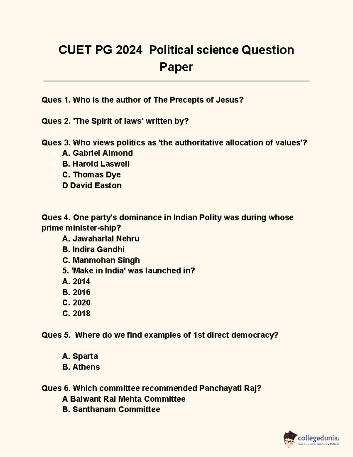 CUET PG 2024 Political Science Question Paper - Detailed Analysis - Studocu