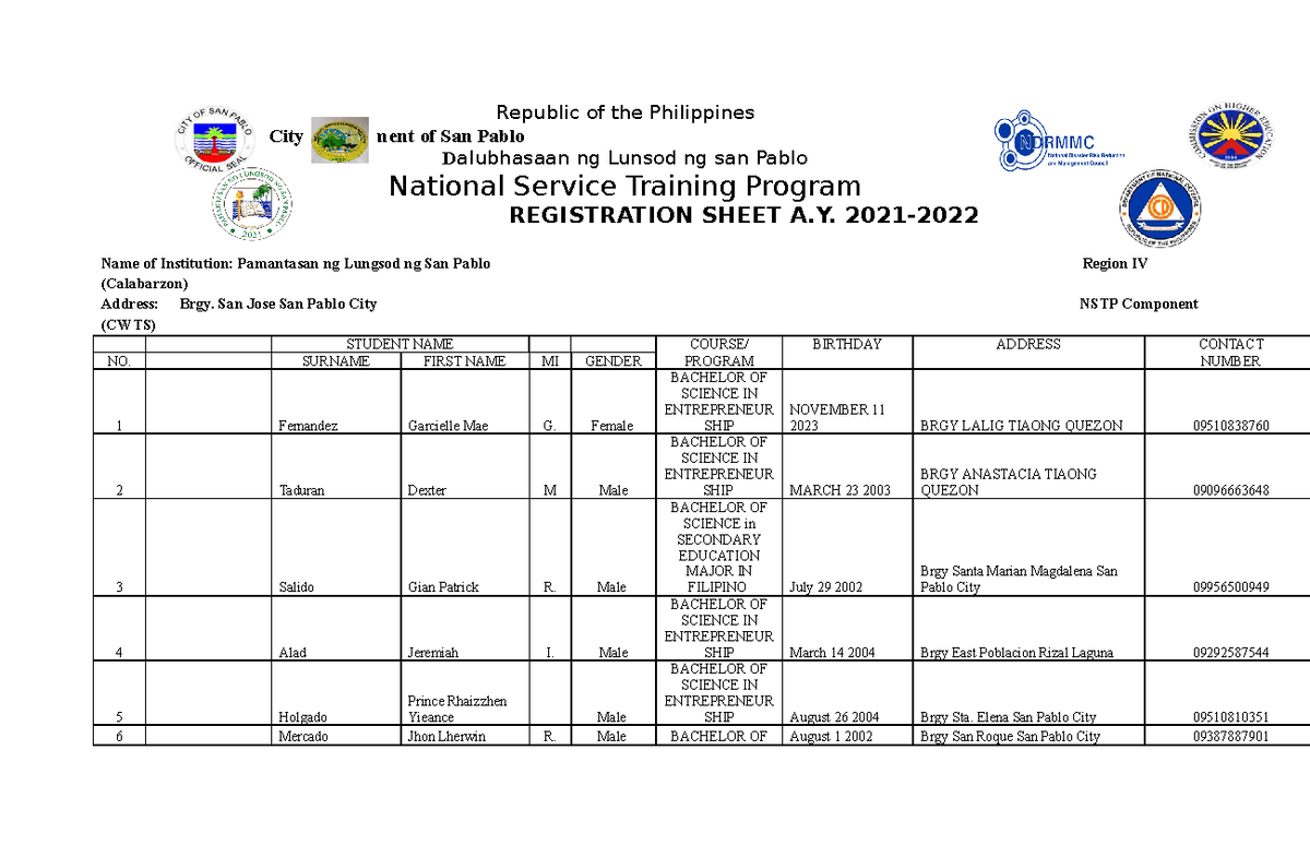 NSTP-CWTS 1-0 Registration Sheet for A.Y. 2021-2023 Students - Studocu