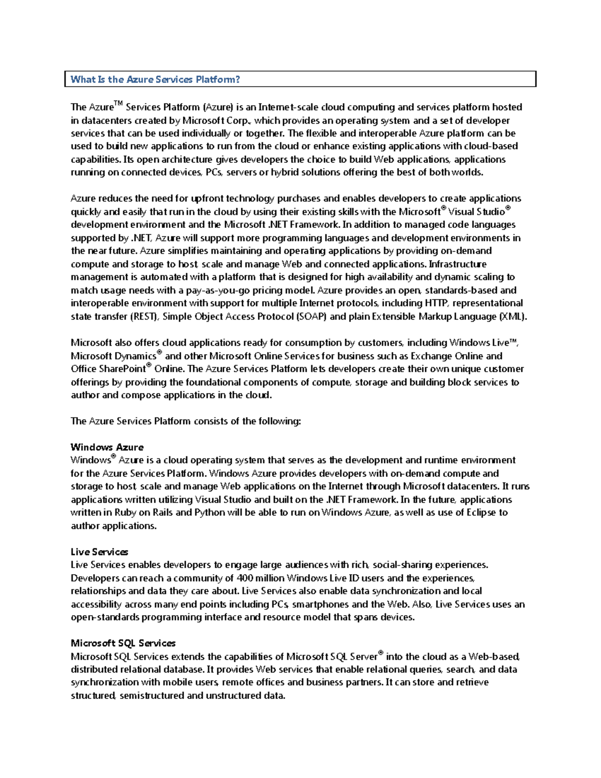Azure Services Platform Fact Sheet - What Is the Azure Services ...