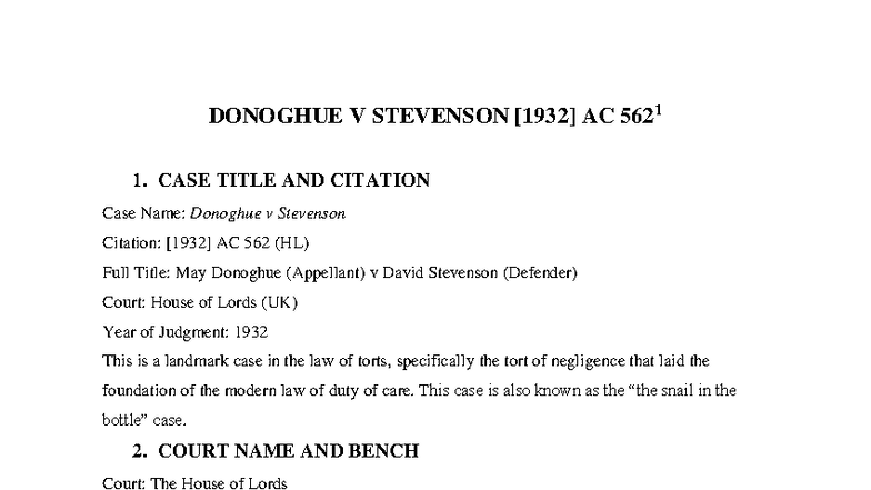 Donoghue v Stevenson AC 562 (HL): Landmark Negligence Case Analysis ...