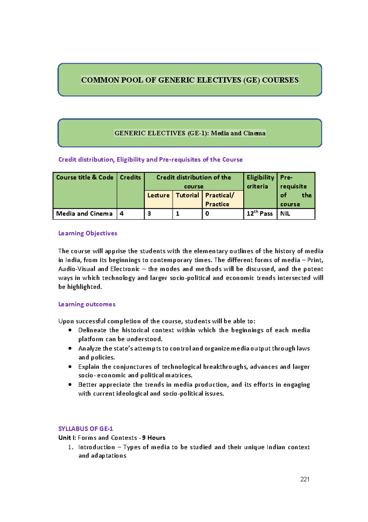 GENERIC ELECTIVES (GE) Media and Cinema Course Overview and Syllabus ...