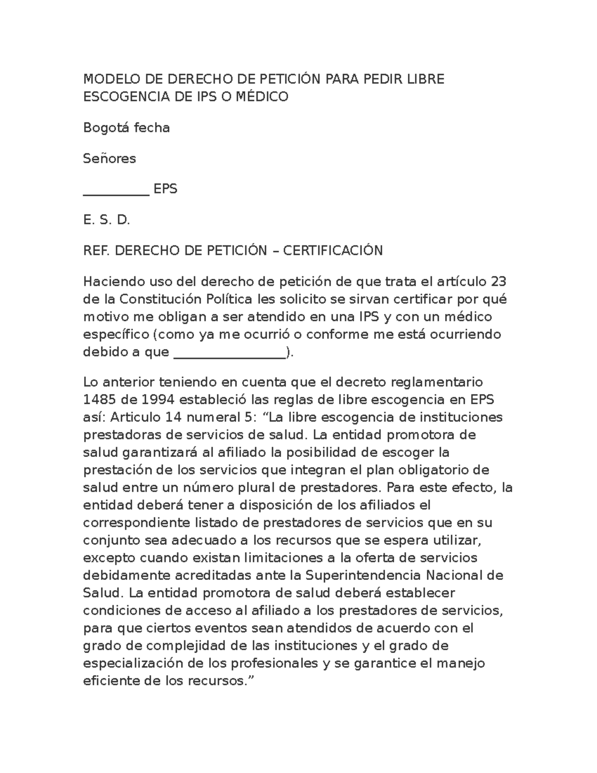 Derecho DE Peticion PARA Pedir LBRE Escogencia DE EPS O Medico - MODELO ...
