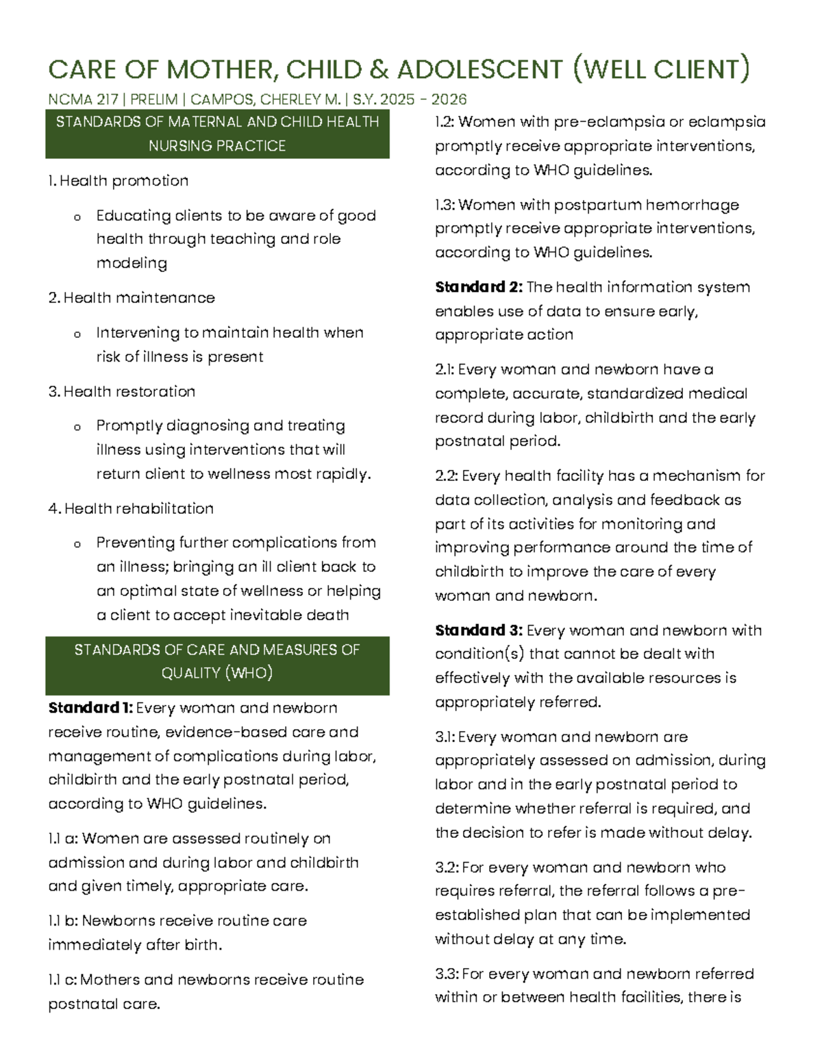 NCMA 217 Prelim: Maternal and Child Health Standards Overview - Studocu