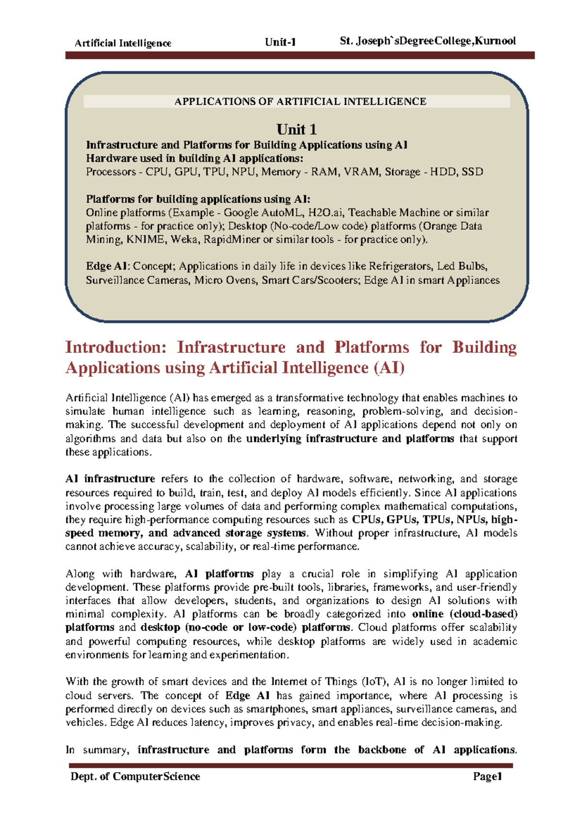 AI UNIT1 Notes - Infrastructure & Platforms for AI Applications - Studocu