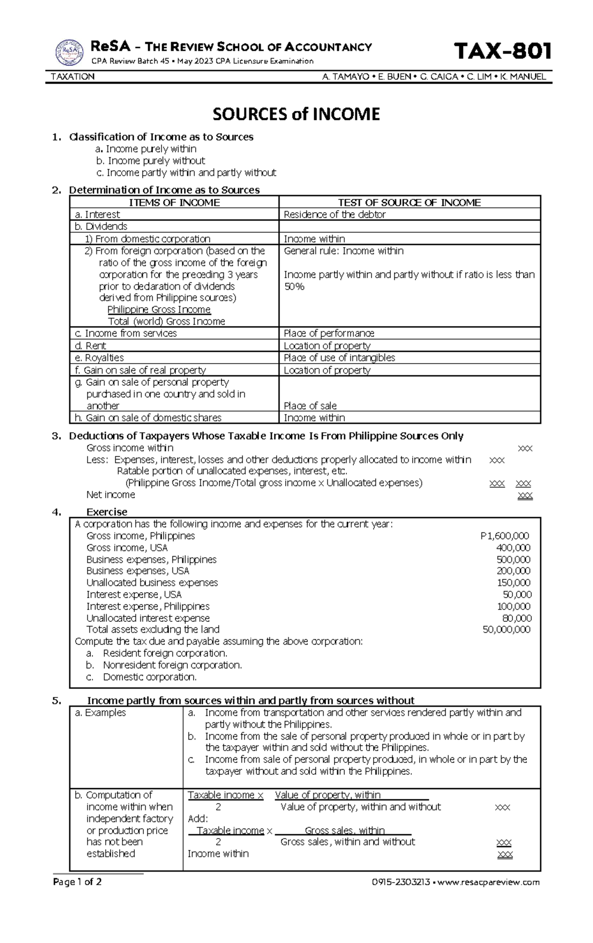 TAX-801 Sources of Income: CPA Review Batch 45 May 2023 - Studocu