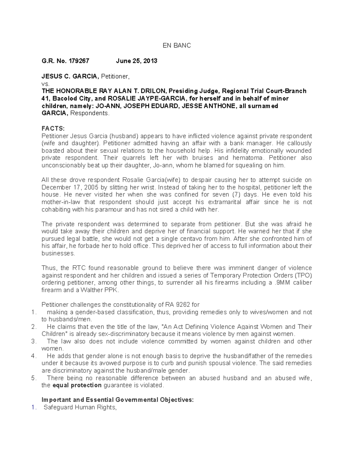 Activity on G.R. No. 179267: Violence Against Women Case Overview - Studocu