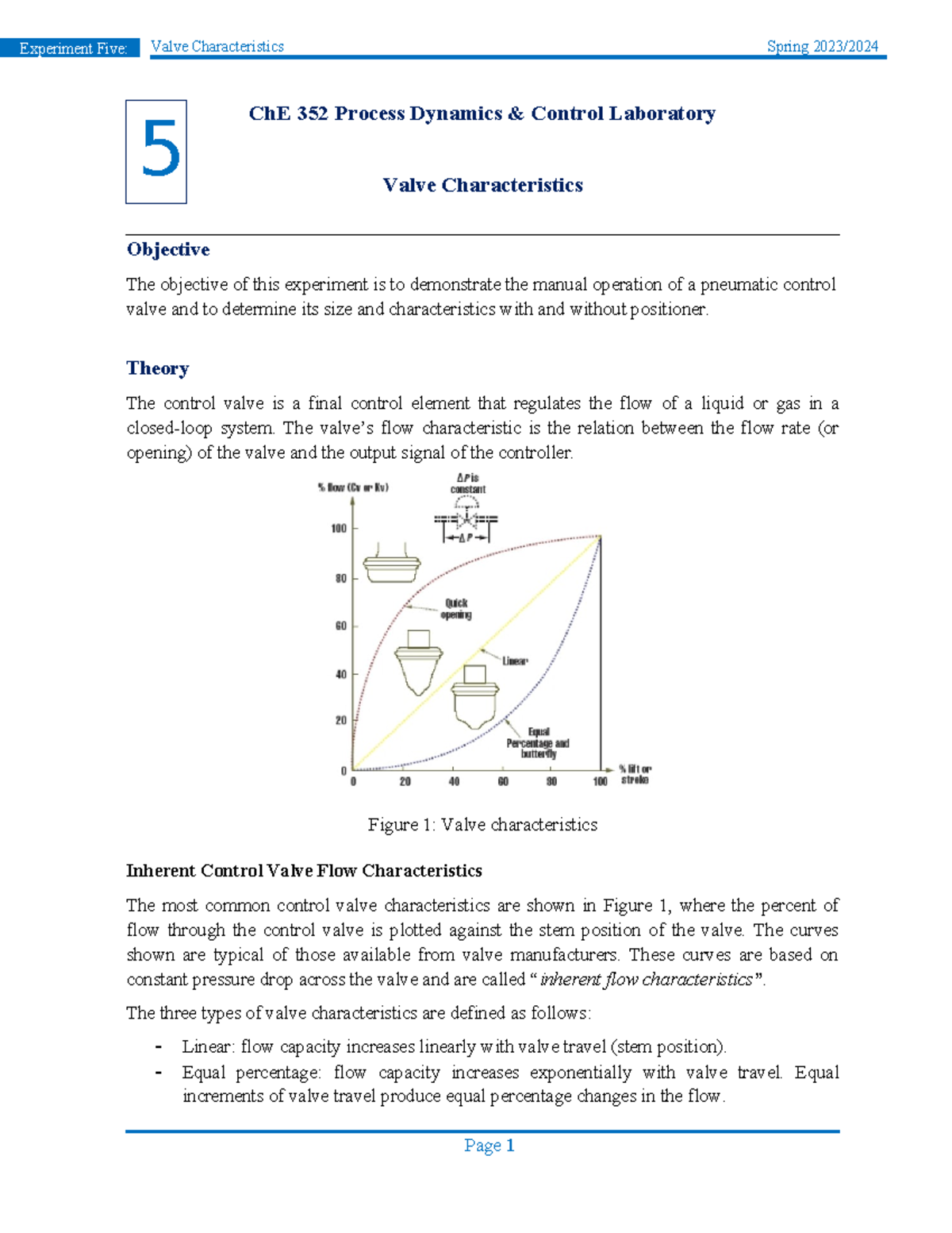 Ch E 352 - Experiment 5: Analyzing Valve Characteristics with ...