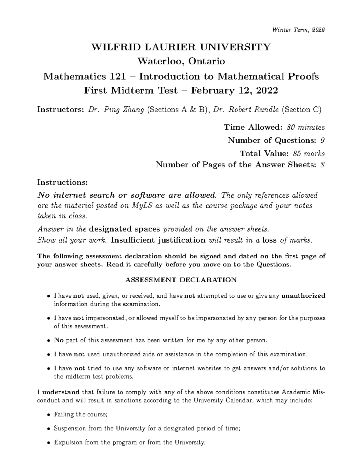 Mathematics 121: Introduction to Mathematical Proofs - Midterm Exam ...