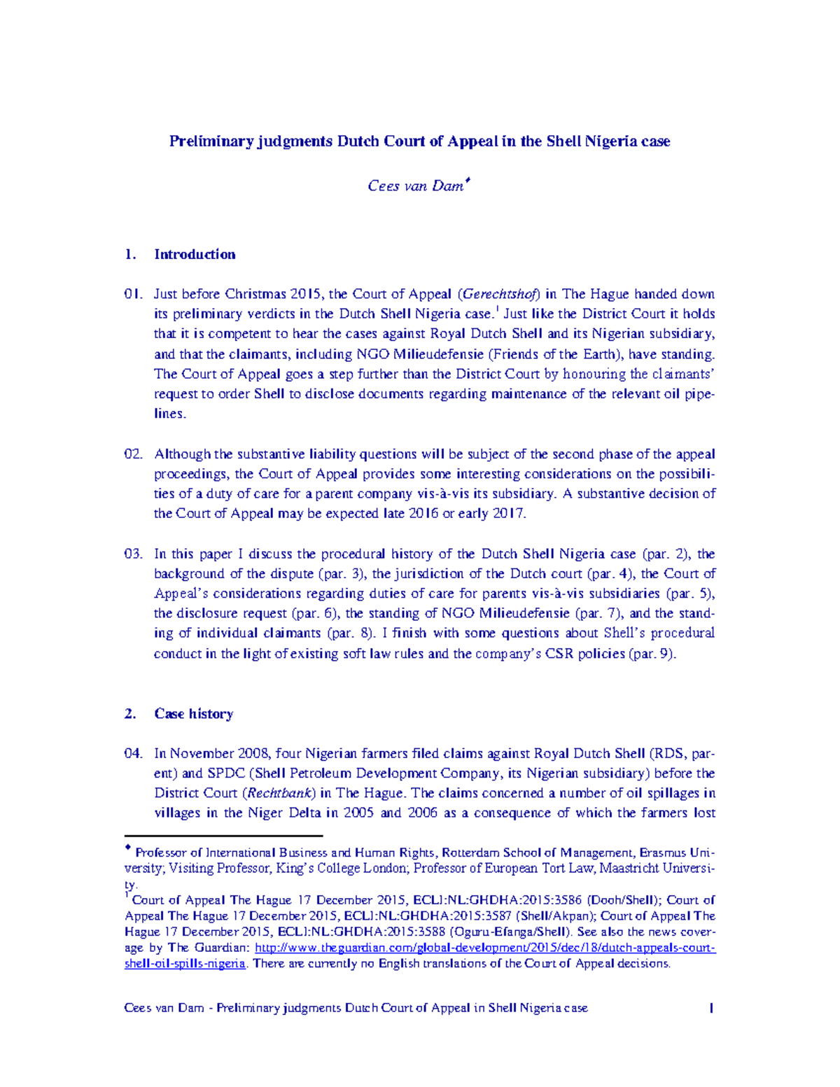 Cees van Dam - Preliminary Judgments in Shell Nigeria Case (2015) - Studocu