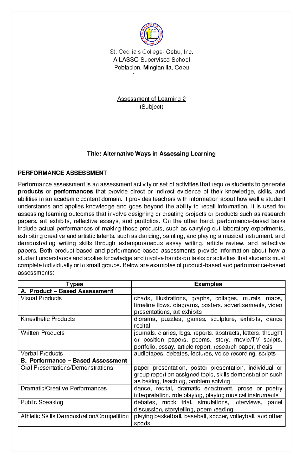 Assessment 2 lesson 2 - None - St. Cecilia’s College- Cebu, Inc. A ...