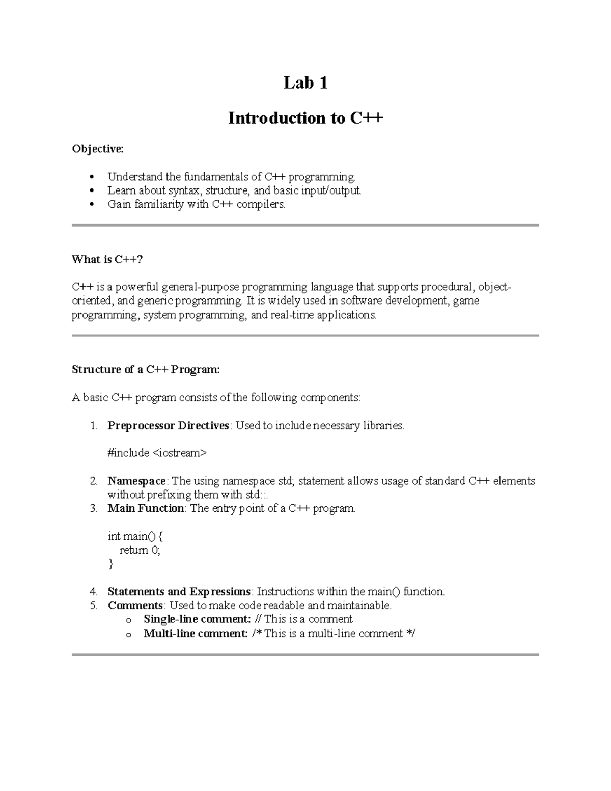 lab 1 of oop and itc - Lab 1 Introduction to C++ Objective: Understand ...