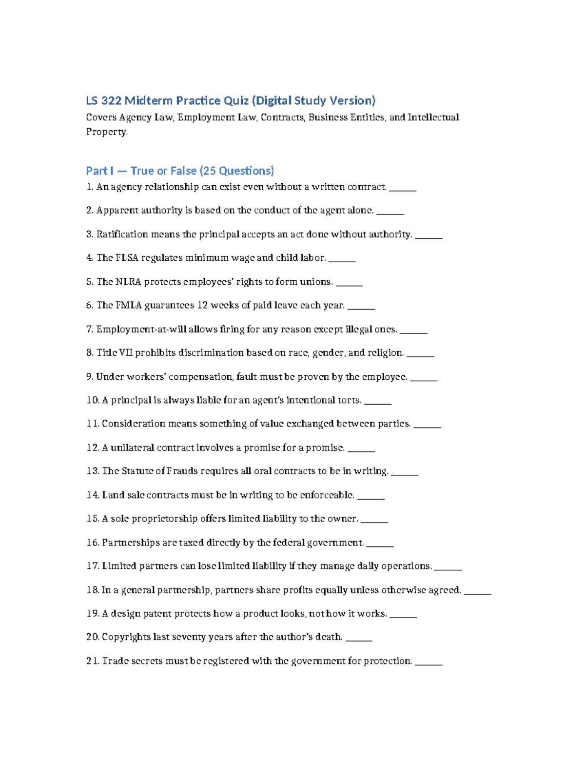 LS 322 Midterm Practice Quiz: Agency, Employment, and Contracts - Studocu