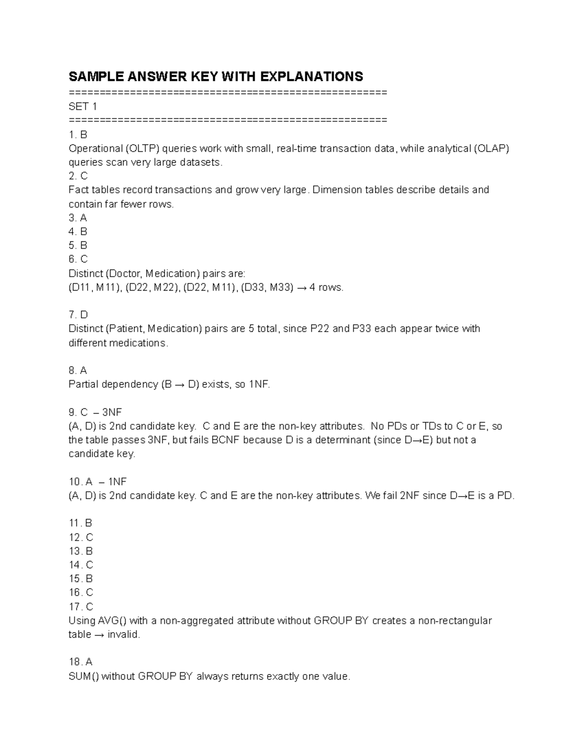 SQL Exam Sample Answer Key with Explanations - Studocu