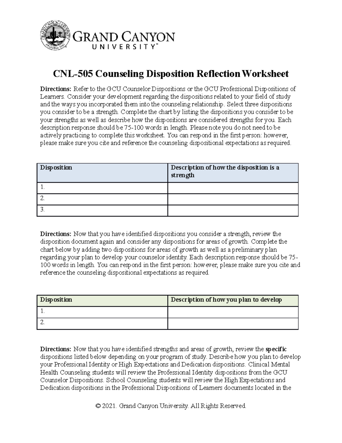 CNL 505 RS T1 Reflection Worksheet on Counseling Dispositions - Studocu