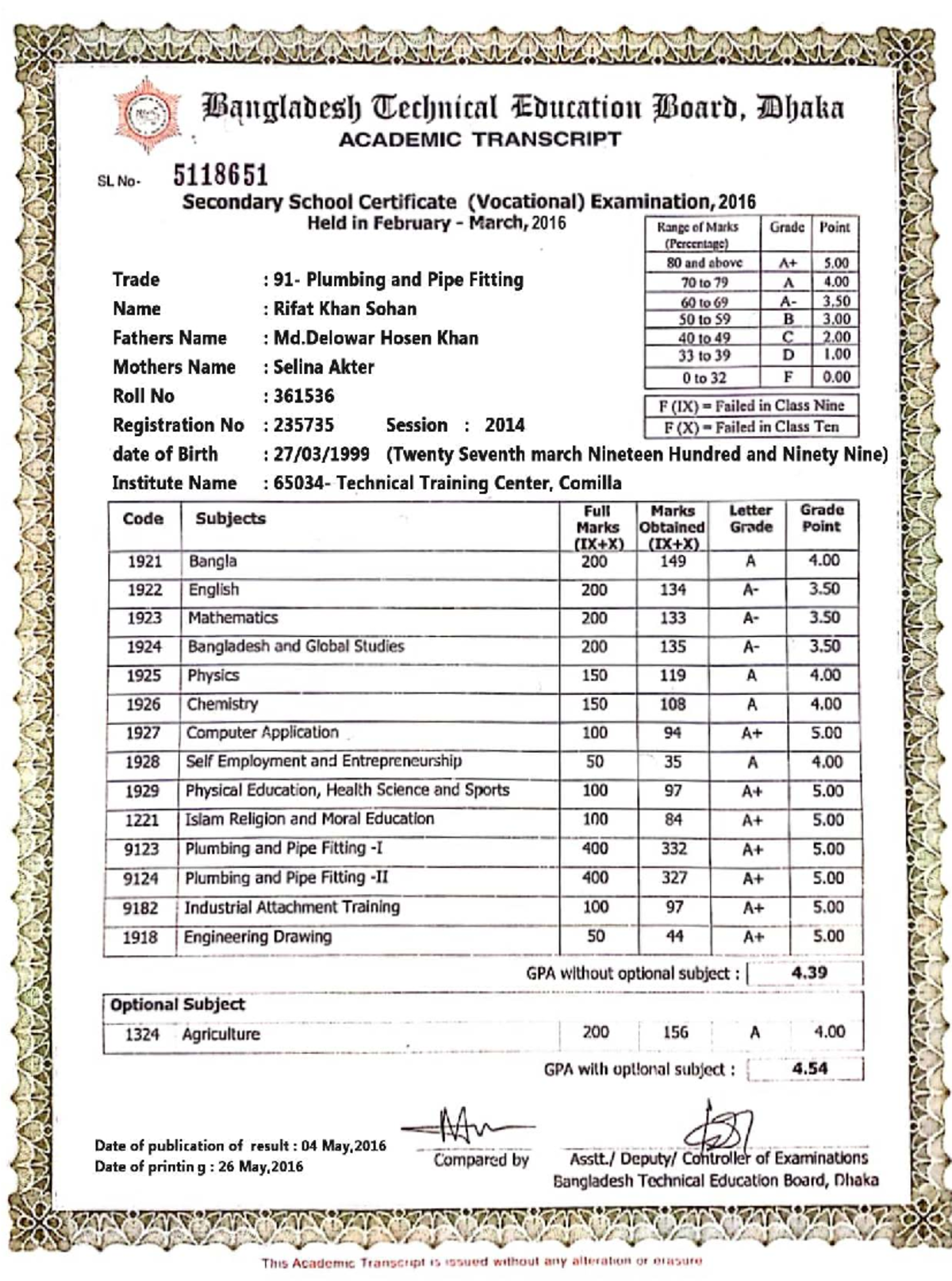 Bangladesh Technical Education Board SL 5118651 academic transcript ...