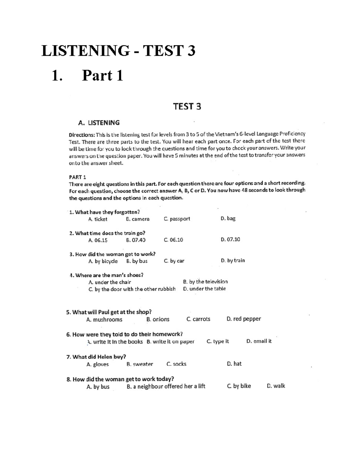 VSTEP Listening Test 3: Comprehensive Practice for Levels 3-5 - Studocu