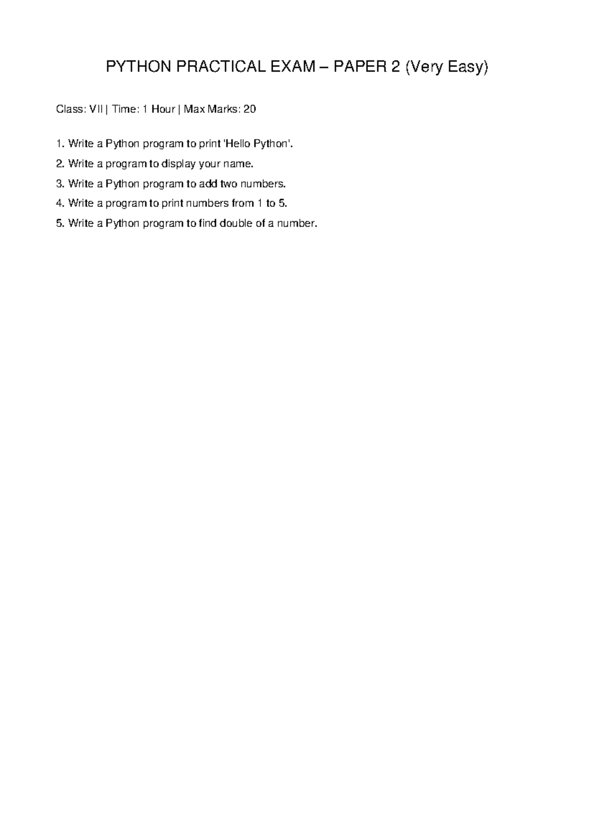 Class VII Python Practical Exam Paper 2 & 3 - Full Set - Studocu