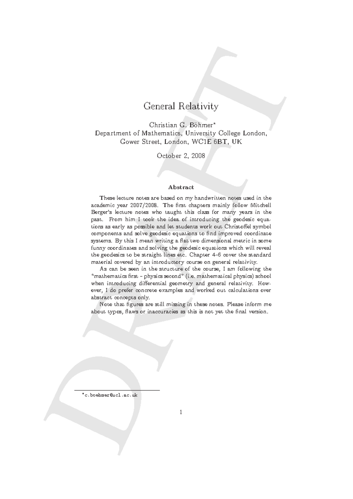 General Relativity Lecture Notes (MATH 101) - Draft Version - Studocu