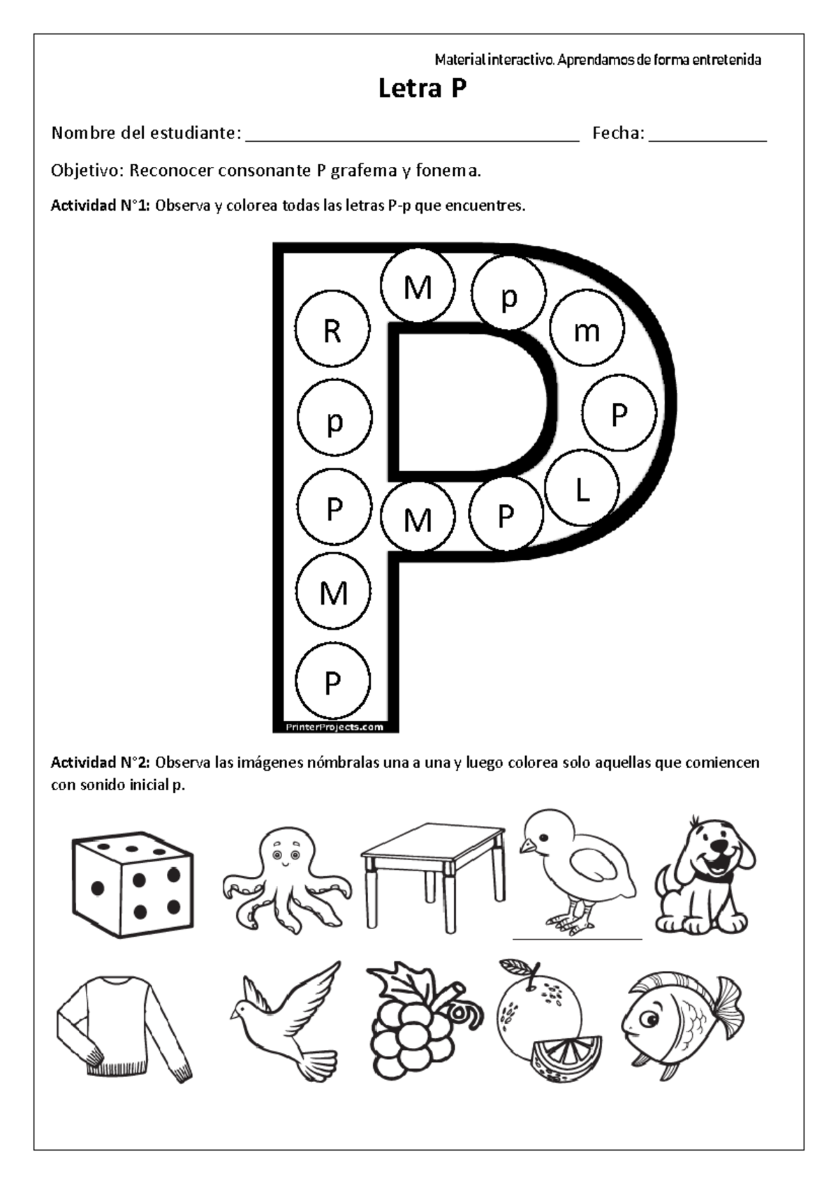 Hojas De Trabajo Con Los Sonidos Iniciales De La Letra P Ilustración