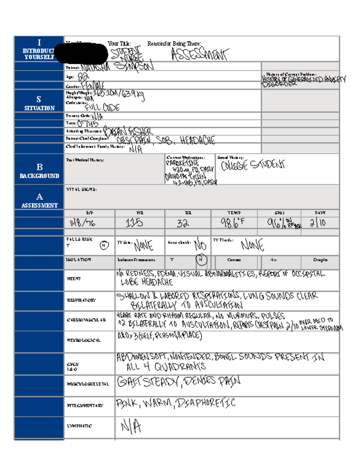 NR 326 ISBAR Assessment Notes for Anxiety Disorder Case Study - Studocu