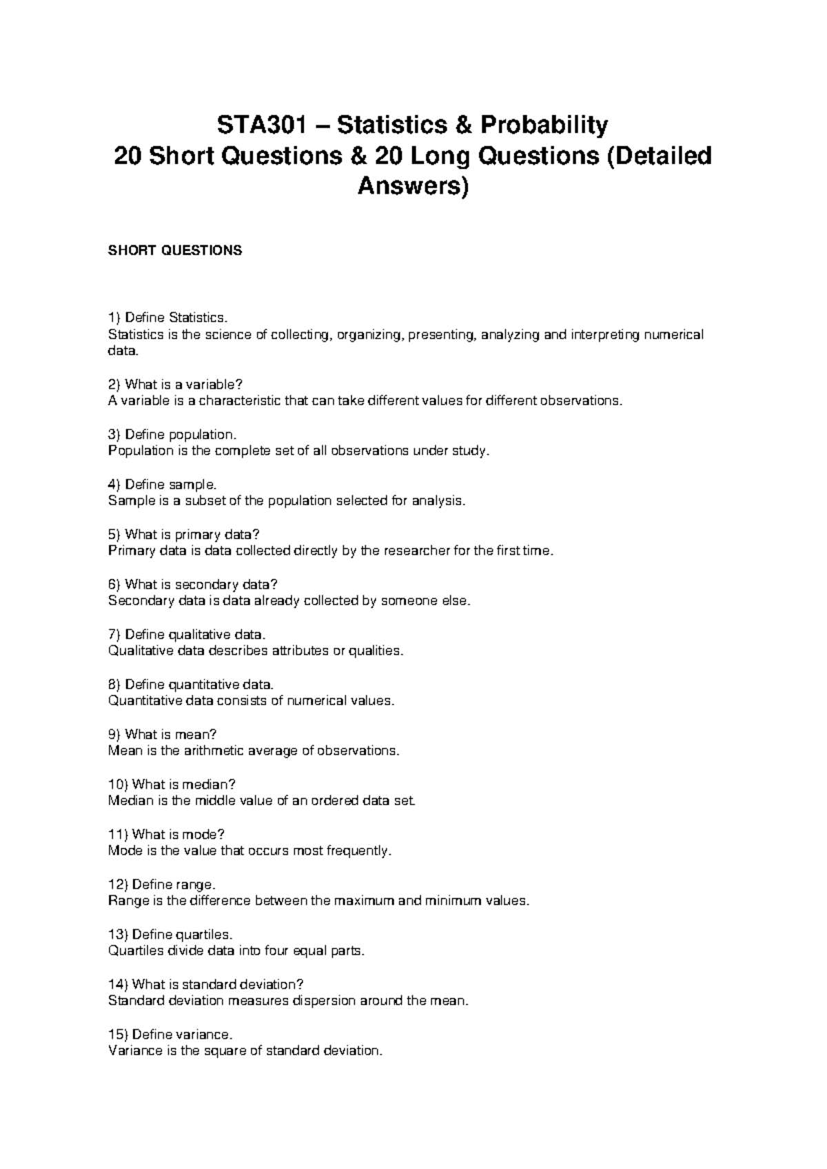 STA301 Statistics & Probability: 20 Short & 20 Long Qs with Answers ...