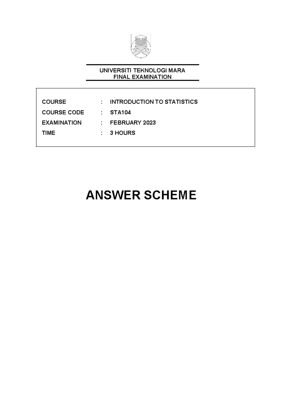 Answer Scheme for STA104 Final Exam - Introduction to Statistics (Feb ...