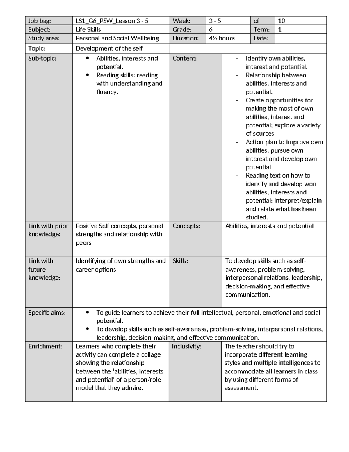 LS1 G6 PSW Lesson Plans: Developing Life Skills & Potential - Studocu