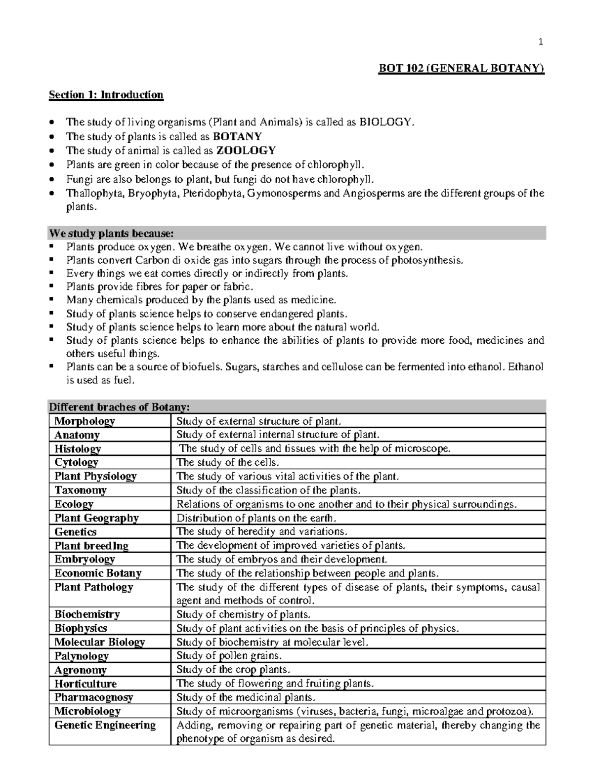 General Botany - BOT 102 (GENERAL BOTANY) Section 1: Introduction The ...