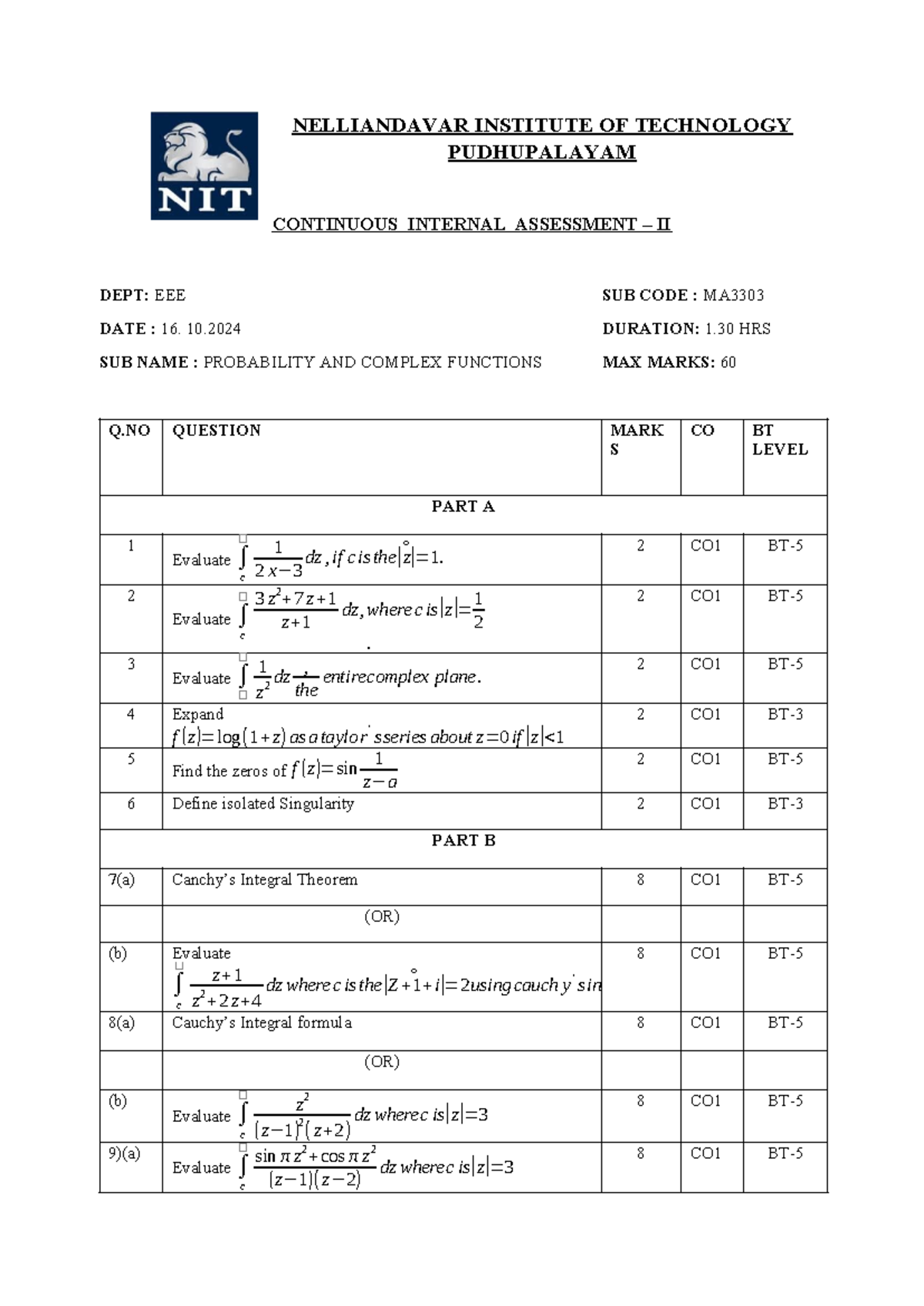 CIA TEST-1 - Good - NELLIANDAVAR INSTITUTE OF TECHNOLOGY PUDHUPALAYAM ...