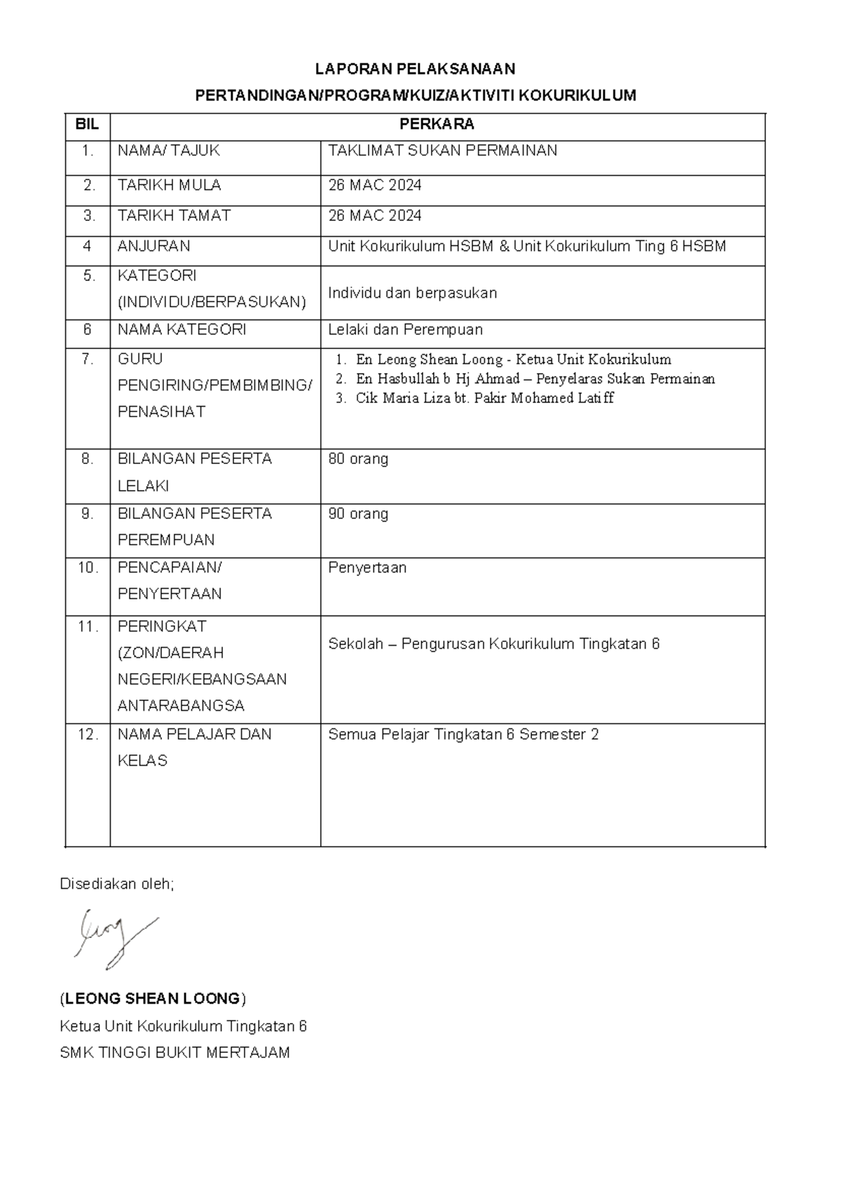 Laporan Taklimat Sukan Permainan Tingkatan 6 HSBM 2024 - Studocu