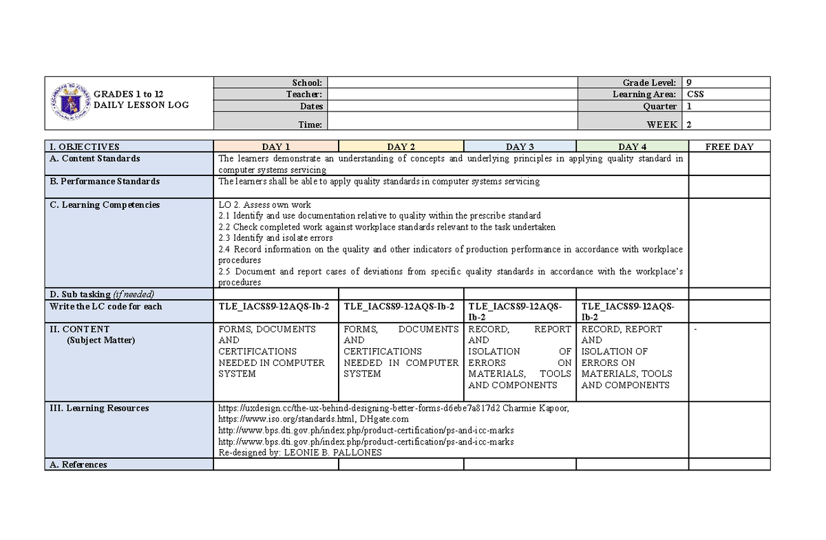 CSS DLL 9 Week 2: Daily Lesson Log for Computer Systems Servicing - Studocu